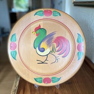 Vintage Hand Painted Rooster ROBINHOOD WARE Round Wooden Serving Tray Platter